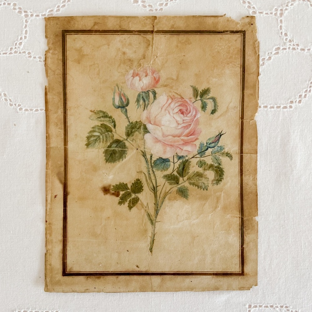 Antique Watercolor Floral Roses Still Life Painting